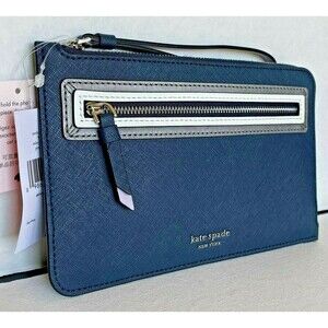 New Kate Spade Medium L-zip Reiley Shadow Anchor Wristlet Leather Petrol Blue